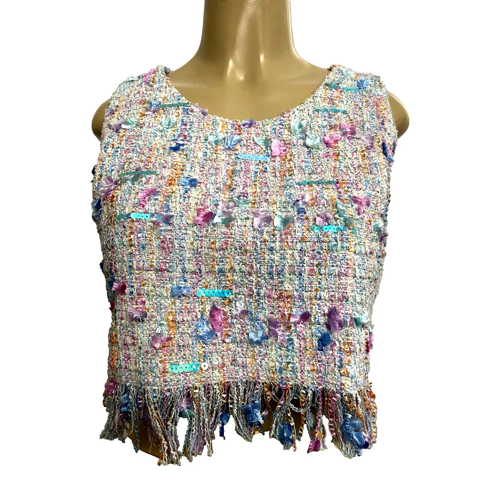 Crop Top Vest Sleeveless Tweed Knit Multicolor Pink Blue Sequin Fringe Scoop S